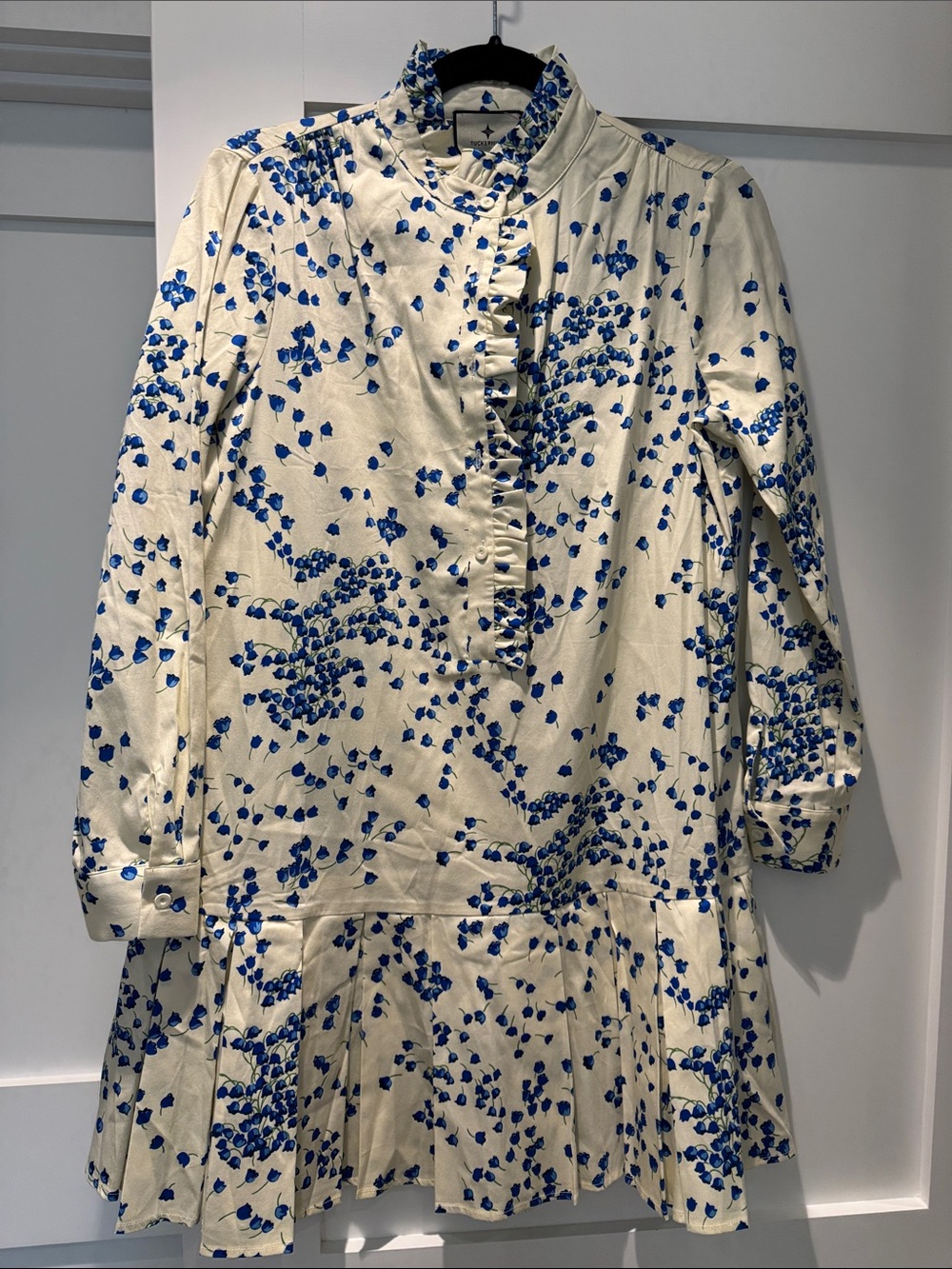 Tuckernuck Cream Dress with Blue Floral Print and Ruffle Front